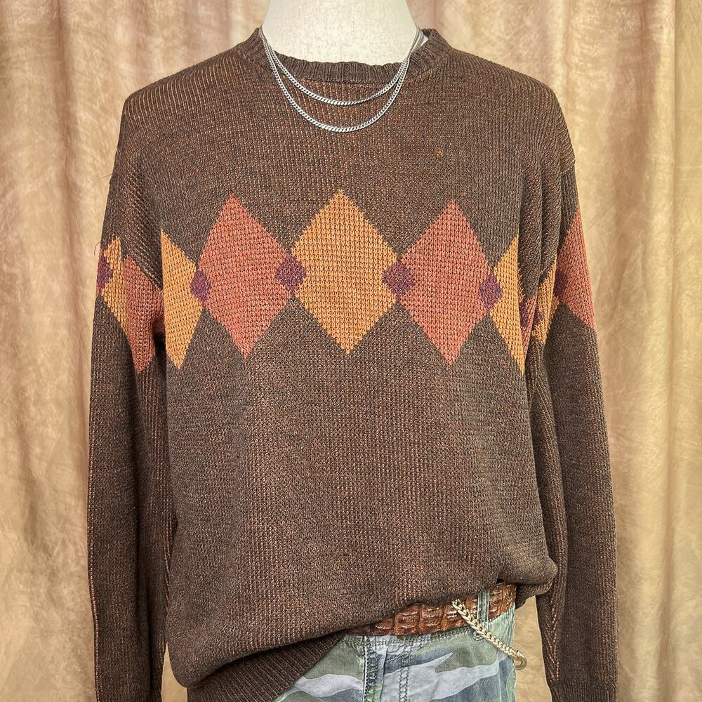 Vintage 90s Argyle Sweater Diamond Knit Brown Academia Cabincore Lodge Preppy